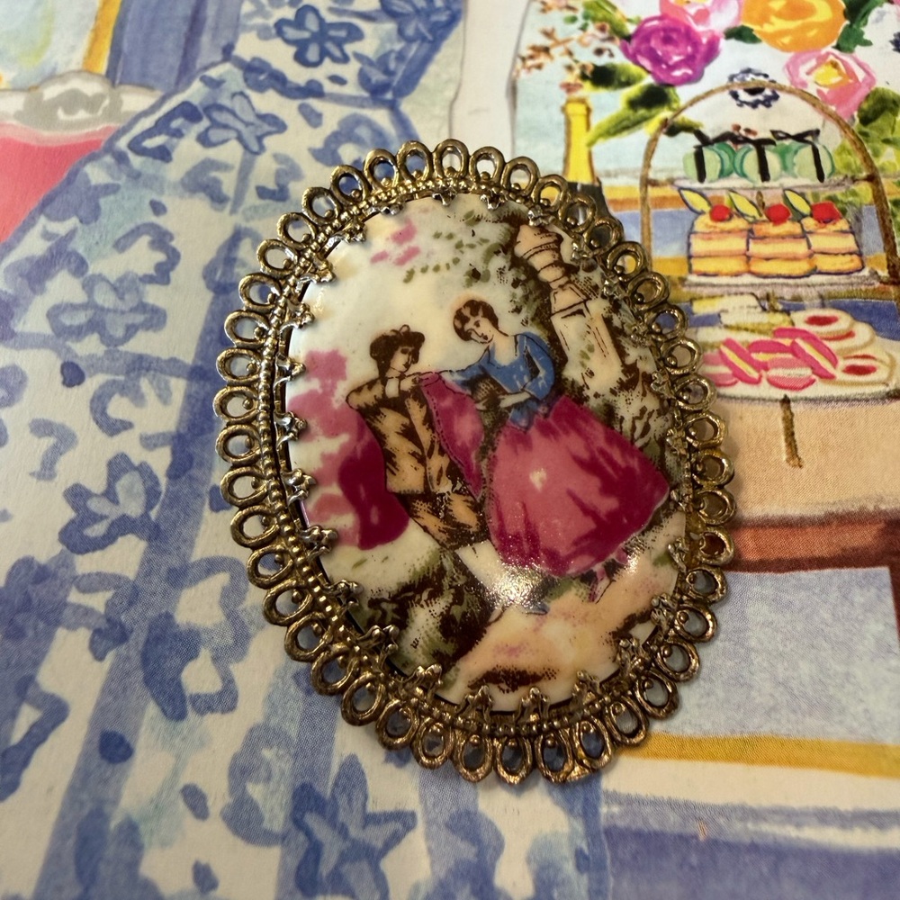 Vintage Courting Couples Victorian Brooch Signed Japan